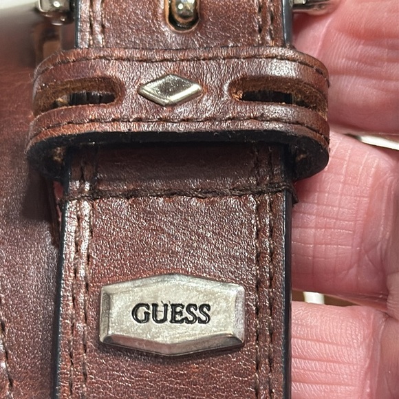 Guess Belt Brown w diamond grommets Self buckle SZ S length of leather total 33” - Picture 2 of 4